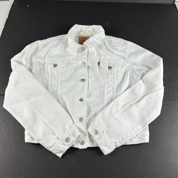 Y2K Levi's Trucker Jean Jacket Women's Junior's Large White Distressed Denim - Picture 1 of 16